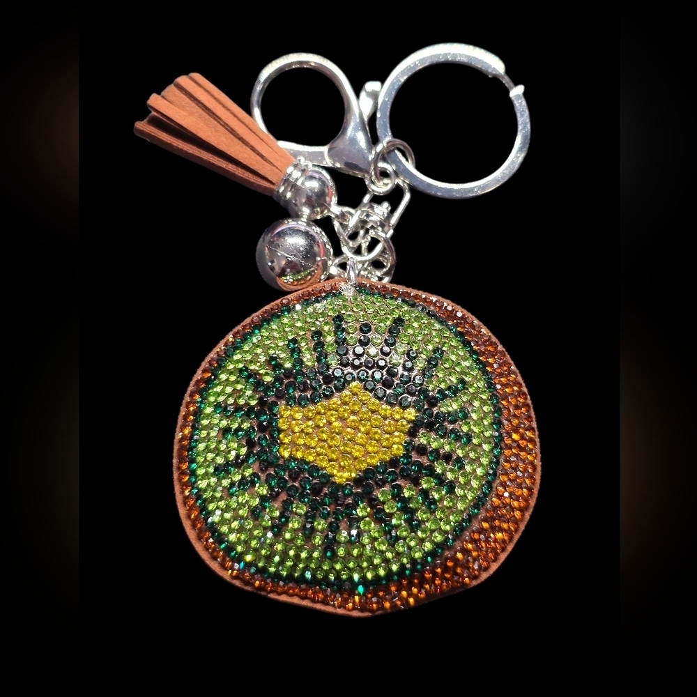 Kiwi Rhinestone Bag Charm Keychain with Tassel